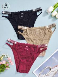 3件装女士性感蕾丝拼接LOVE字母成熟丁字裤 - 彩色 - 查看 2