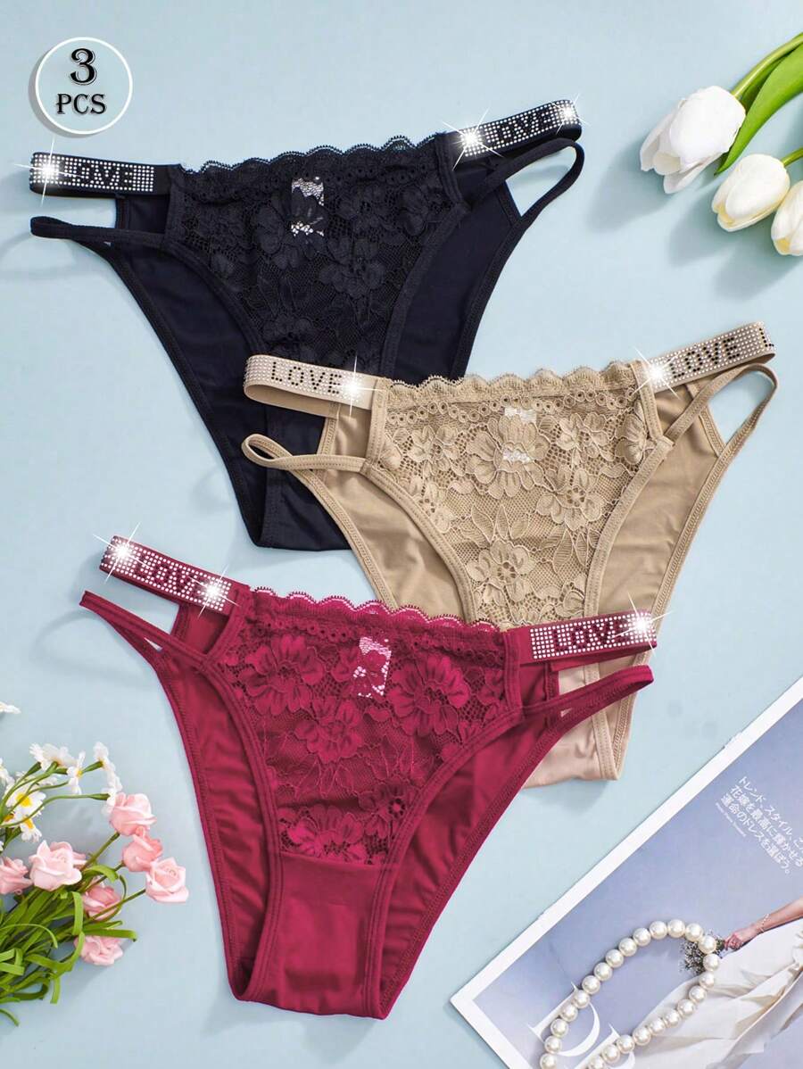 3件装女士性感蕾丝拼接LOVE字母成熟丁字裤