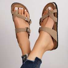 Women's Flat Cork Sandals, Summer Sandals Toe Loop Cross Strap, Retro Style & Casual Sandals With Adjustable Strap Buckle - 淺棕色 - 查看 5