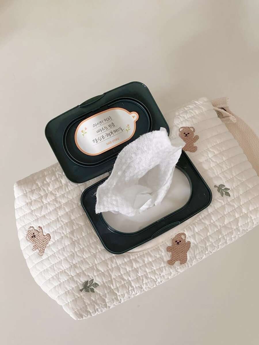 Porta pañuelos de coche grande con diseño de oso lindo, colgante para cochecito de bebé, bolsa de almacenamiento de pañales húmedos, estuche multiusos para pañuelos - Albaricoque - Ver 1