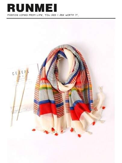 波西米亞條紋印花流蘇修邊圍巾，適用於日常戶外和旅行