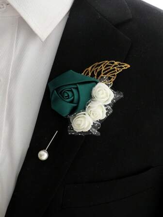 1st Unisex Mörkgrön Rose Flower Corsage, koreansk stil Bröllopsfest Boutonniere för brudgum, brud, föräldrar, brudgum, brudtärna, möte, fest, dans, dagliga tillbehör Alla hjärtans dag