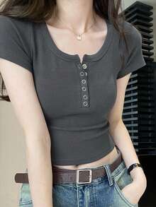 Camiseta de Manga Corta para Mujer, Cuello Redondo Ribbed, Casual y Sexy, Transpirable para Verano - Gris Oscuro - Ver 6