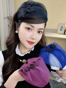 全新半帽帶網紗面紗的髮箍，復古法式優雅髮飾，女士頭帶 - 彩色 - 查看 2