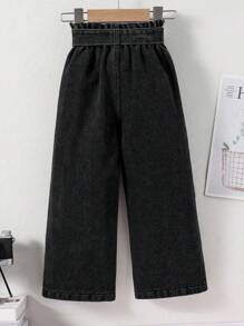 少女纸袋腰阔腿宽松休闲牛仔裤 - 黑色 - 查看 2
