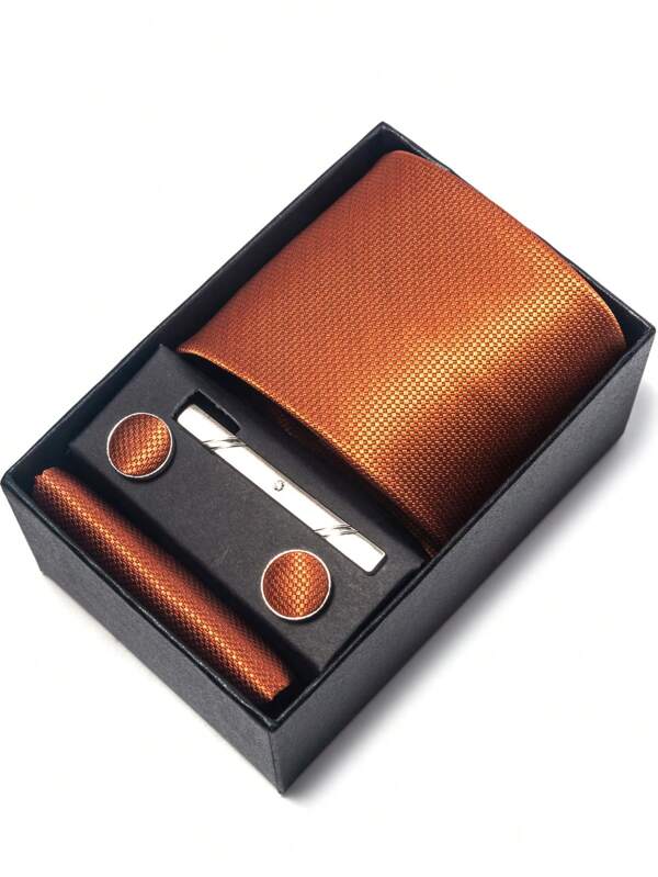 AlanKing A Necktie, Handkerchief, Cufflinks Set Gift Box For Men, Orange, 7.5cm Width, Ideal For Festivals, Weddings, Work Casual