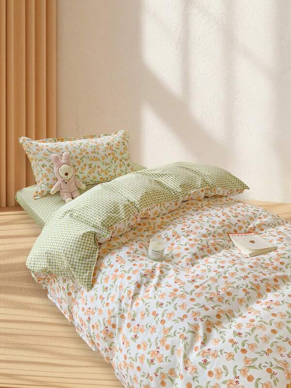 4PCS Set (1PC Duvet Cover + 1PC Bedsheet + 2PCS Pillowcases) Printed Bedding Set, 360-Degree Wrap-Around, No Optical Brighteners, Breathable, Moisture-Wicking, Soft Feel, , Color-Fast, Antibacterial, Warm Bedding Set For Bedroom, Guest Room, Dorm, Suitable For All Seasons