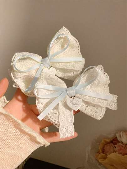 1pc/2pcs Set White Tea And Pure Delight~ Lace White Bow Hair Clip For Girls, Side Clip Hairpin Hair Accessory Valentine's Day Claw Clips Hair Claws Hair Barrettes, School Stuff, Elegant, College, Winter Outfit For Women, Bows, Cute, Hair Accessories