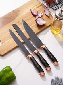 7 Pcs/Set Knife Set With Knife Block Set, 7-Piece Chef's Knife Set With Knife, Scissors, Knife Block - Black - View 6
