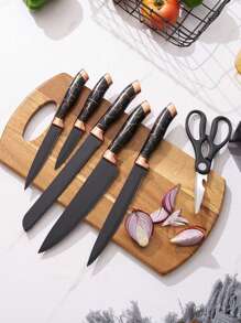 7 Pcs/Set Knife Set With Knife Block Set, 7-Piece Chef's Knife Set With Knife, Scissors, Knife Block - Black - View 4