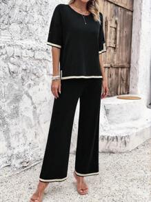 Conjunto de verano de dos piezas para mujer con top de manga corta y pantalón casual de pata ancha, 2 piezas/set de pantalón de chándal de manga larga de color sólido y camiseta y pantalón de manga larga, conjunto de camiseta y pantalón de manga larga con dobladillo acanalado para mujer, adecuado para todas las ocasiones.