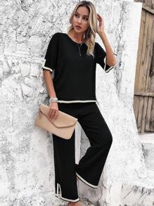 Conjunto de verano de dos piezas para mujer con top de manga corta y pantalón casual de pata ancha, 2 piezas/set de pantalón de chándal de manga larga de color sólido y camiseta y pantalón de manga larga, conjunto de camiseta y pantalón de manga larga con dobladillo acanalado para mujer, adecuado para todas las ocasiones.