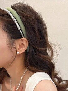 Elegant 1pc Solid Color Thick Faux Pearl Hairband For Women Headband Hair Hoop - Beige - View 7
