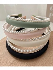 Elegant 1pc Solid Color Thick Faux Pearl Hairband For Women Headband Hair Hoop - Beige - View 3