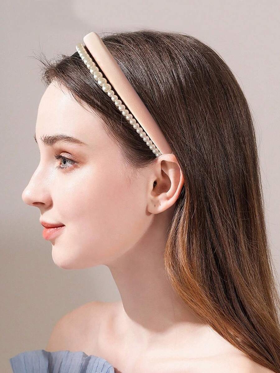 Elegant 1pc Solid Color Thick Faux Pearl Hairband For Women Headband Hair Hoop - Beige - View 1