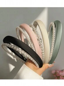 Elegant 1pc Solid Color Thick Faux Pearl Hairband For Women Headband Hair Hoop - Beige - View 2