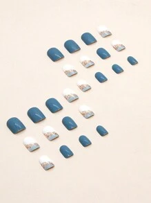 Transform Your Nails With 24pcs Short Square Turquoise Ombre Glitter Marble Print Fake Nail & 1sheet Tape & 1pc Nail File Press On Nails Nail Supplies - Multicolor - View 2