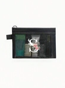 1个黑色网眼袋，白色花卉A-Z透明网眼化妆品收纳袋，多功能旅行便携包，护肤品和化妆品收纳袋，学生文具袋，网眼拉链袋，旅行化妆品收纳袋，简约高端，珠宝首饰收纳，适用于住宿、旅行、商务、游泳、家居收纳 - 黑色 - 查看 26