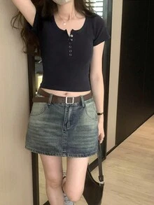 Camiseta de Manga Corta para Mujer, Cuello Redondo Ribbed, Casual y Sexy, Transpirable para Verano - Negro - Ver 8