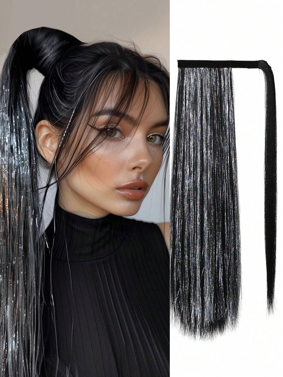Bạc Điểm Nổi Bật Đen Dài Thẳng 24 Inch Đuôi Ngựa Tổng Hợp Làm Tóc Hàng Ngày Tơ Tơ Nhập Khẩu Thời Gian Tiệc Buổi Hòa Nhạc Lễ Kỷ Niệm - Màu dương cầm - Xem 1