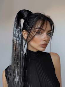 Bạc Điểm Nổi Bật Đen Dài Thẳng 24 Inch Đuôi Ngựa Tổng Hợp Làm Tóc Hàng Ngày Tơ Tơ Nhập Khẩu Thời Gian Tiệc Buổi Hòa Nhạc Lễ Kỷ Niệm - Màu dương cầm - Xem 3