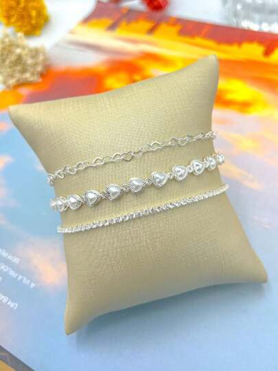 Kit 3 Pulseiras a Prata 925 banhado Coração Conjunto de Pulseira Riviera Cristal Zircônia e Coração Pulseira de pérolas de coração delicado