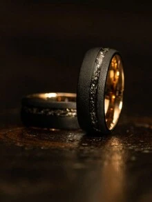 1入流星石黑色8mm鍍玫瑰金銷砂鎢金結婚訂婚男士配飾珠寶，宴會派對節日生日週年紀念日禮物給丈夫承諾戒指 - 黑色 - 查看 5