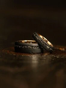 1入流星石黑色8mm鍍玫瑰金銷砂鎢金結婚訂婚男士配飾珠寶，宴會派對節日生日週年紀念日禮物給丈夫承諾戒指 - 黑色 - 查看 4