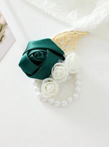 1 件胸花和 1 件腕花 - 深绿色玫瑰与小白玫瑰混合，韩式婚礼人造花，适用于新娘、新郎、父母、伴郎、伴娘、会议、派对、舞会、日常别针装饰情人节 - 墨綠色 - 查看 5