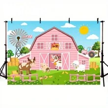 Pink Barn Farm Background Cartoon Farm Animals Birthday Party Decor For Farm Themed Birthday Cake Table Banner Photography Backdrop (Pink) - Pink - View 6