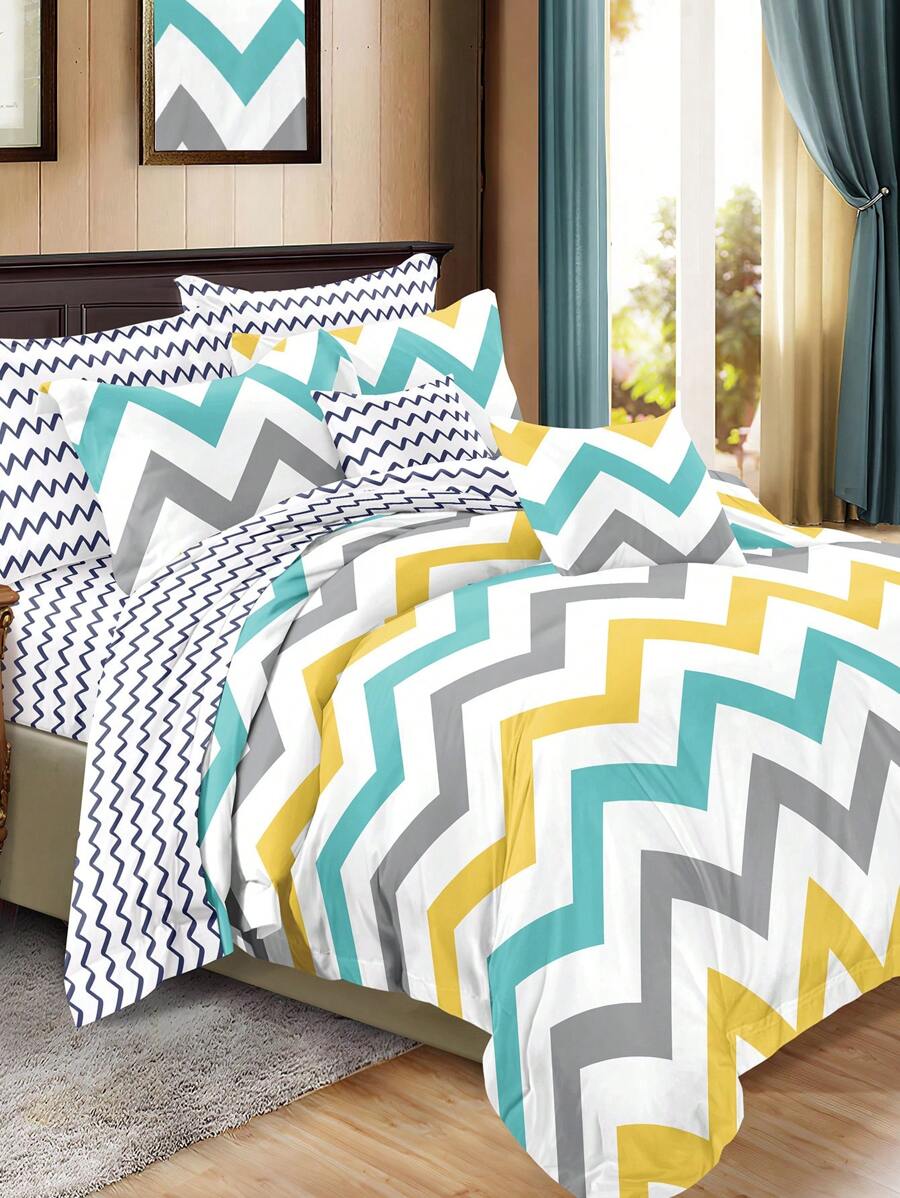 Chevron Pattern Duvet Cover Set Without Filler, 1 Duvet Cover & 2 Pillowcase, Modern Fabric Bedding Set For Home - Multicolor - View 1