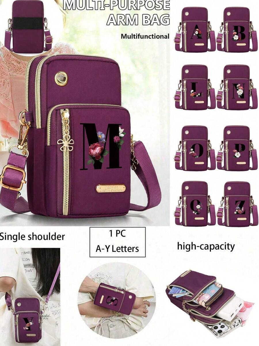 Poŝtelefona Poŝtelefona Sako Pojno-Sako Inicialoj A Ĝis Y-Letero-Ŝablono Virina Ŝultro-Sako Subĉiela Sporta Poŝtelefona Sako, Oportuna Por Porti Provizorajn Kosmetikaĵojn, Nilona SportLetter Design Mini Crossbody Bag With Mobile Phone Pocket And Wallet, Suitable For Daily Casual Use, Waterproof Crossbody Bag, Storage Bag For Mom, Side Bag, Square Bag, Essential For Vacation Travel, College, Student Summer Gift, Work, Business, Commuting , Office, Anniversary, Birthday Gifta Monujo Malgranda Kruca Sako Kun Truo Por Aŭdiloj. - Hot Pink - View 1