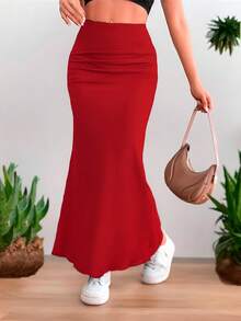 Falda larga corte de sirena ajustada para mujer de moda - Rojo - Ver 2