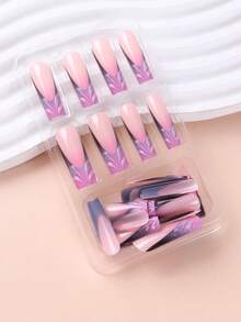 24 piezas de uñas postizas de patrón 3D cuadradas cortas con 1 pegamento para uñas y 1 lima de uñas, uñas hechas a mano - Multicolor - Ver 2