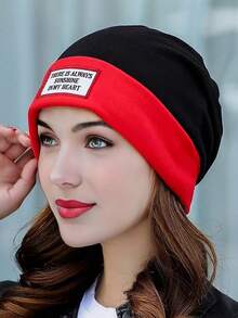 1pc Women's Dual-Tone Plush Knit Beanie Hat With Embroidered English Logo, Warm And Fashionable, Suitable For Daily Wear - Multicolor - View 11