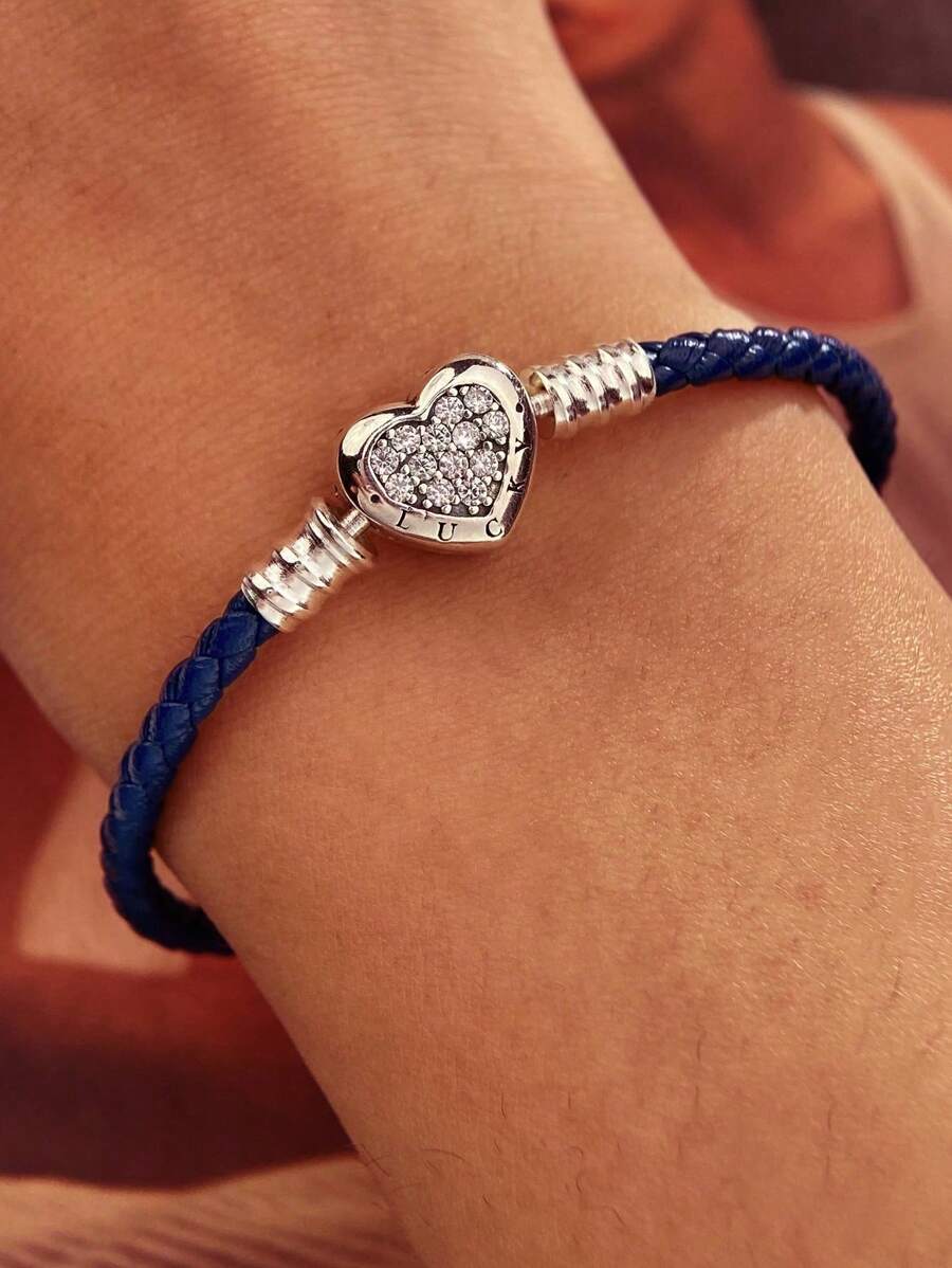 1入組優雅真實925純銀雙面Love心釘珠多種顏色單環形皮革編繩手鏈適合女士週年禮物精細的女士們珠寶和手錶