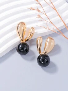 1 par de aretes colgantes de cuentas móviles con textura de metal para mujeres, lindo regalo para citas - Negro - Ver 3