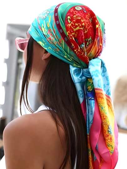 1pc Women's Multicolor Retro Pattern Satin Square Silk Scarf, 90x90cm, For Summer Traveling, Vacation, Streetwear, Multi-Purpose Headband, Hairband, Bandana,
