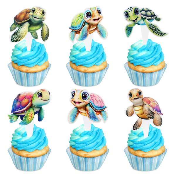 24 Peças Decorações de Toppers de Cupcake com Tema de Festa Havaiana, Tartaruga do Mar Colorida, Golfinho, Decorações para Festa de Aniversário