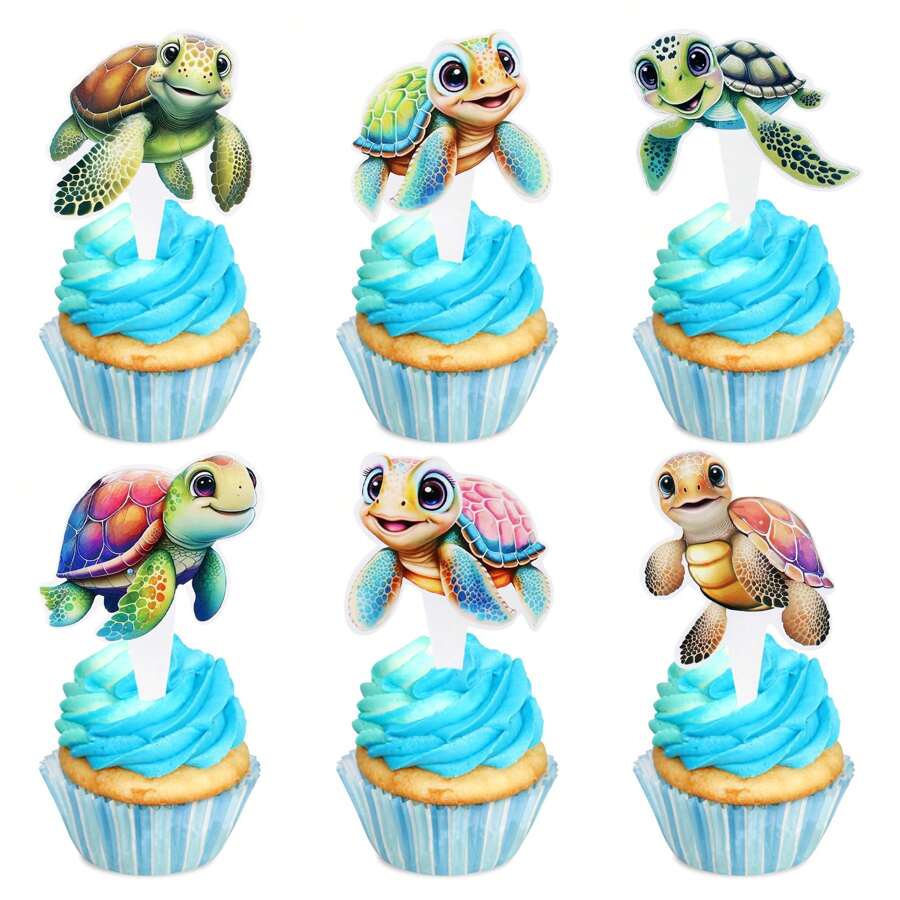 24 件彩色夏季海龟、海豚纸杯蛋糕装饰，夏威夷派对主题，生日派对装饰品