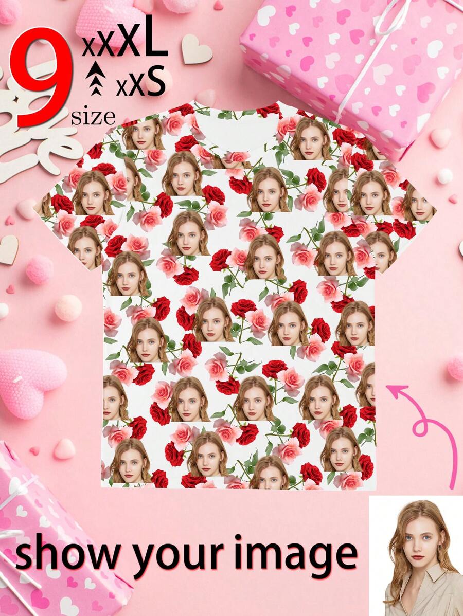 Valentine's Day Custom T-Shirt, Pink And Red Roses, Custom Wife's Profile Picture, Gift For Husband 1pc - White - View 1