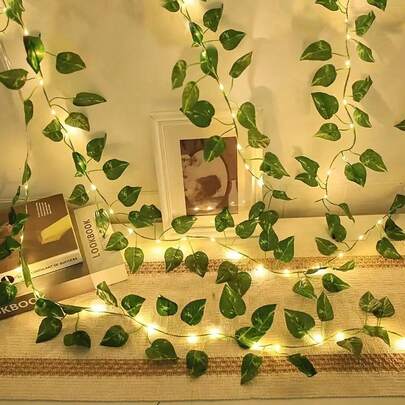 1pc 2M/5M/10M Green Artificial Ivy Leaf Vine With Copper Wire Led String Light, Battery Operated, For Room, Bedroom, Yard Decoration, Festive Atmosphere In Spring