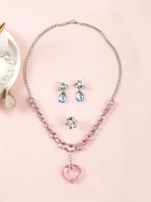 4pcs/Set Sweet & Cute Princess Style Summer Beach Vacation Heart Pendant Glass Crystal Necklace, Earrings, Ring Jewelry Set, Gift For Girls - Multicolor - View 1