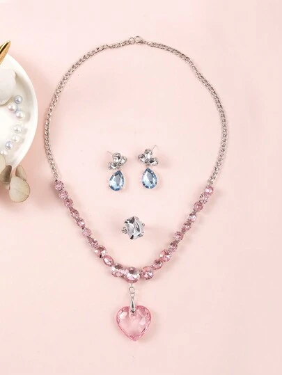 4pcs/Set Sweet & Cute Princess Style Summer Beach Vacation Heart Pendant Glass Crystal Necklace, Earrings, Ring Jewelry Set, Gift For Girls