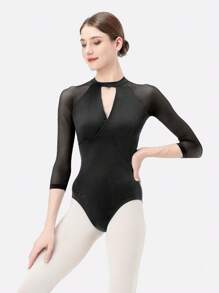 DonsGirl 1 件女式优雅交叉 V 领 3/4 袖芭蕾舞服、舞蹈紧身衣、合身连体衣、花样滑冰表演服装 - 黑色 - 查看 8