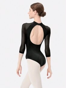 DonsGirl 1 件女式优雅交叉 V 领 3/4 袖芭蕾舞服、舞蹈紧身衣、合身连体衣、花样滑冰表演服装 - 黑色 - 查看 3