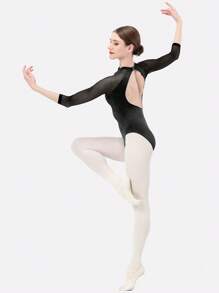 DonsGirl 1 件女式优雅交叉 V 领 3/4 袖芭蕾舞服、舞蹈紧身衣、合身连体衣、花样滑冰表演服装 - 黑色 - 查看 11