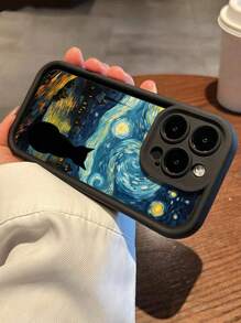 1pc Fashionable Thickened Shockproof Oil Painting Starry Night & Cat Pattern Phone Case, Compatible With Apple
