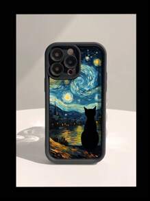 1pc Fashionable Thickened Shockproof Oil Painting Starry Night & Cat Pattern Phone Case, Compatible With Apple