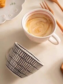 CMYD Studio 1pc 350ML Hand-Painted Ceramic Mug, Short And Fat Irregularly Dotted Coffee Cup, Suitable For Breakfast, Milk, Latte, Coffee, Striped Mug Cup Back To School